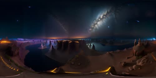 Masterpiece quality, ultra-high-res VR360, obsidian-tinged night sky. Ethereal star clusters gleaming, far-off cosmic realms. Realistic celestial bodies.