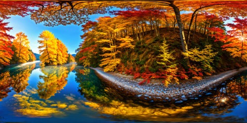 A flawless autumn scene along a serene riverbank, vibrant leaves in rich hues, golden sunlight filtering through the trees, picturesque reflections dancing on the crystal clear water in immaculate ultra high resolution.