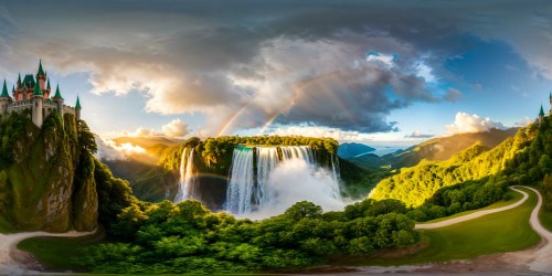 Atop a lush emerald hill, a resplendent fairy castle stands, shimmering in the radiant sunlight with intricate crystal spires, ethereal glowing gardens, and shimmering rainbow waterfalls, a perfect and flawless ultra-high-resolution masterpiece.