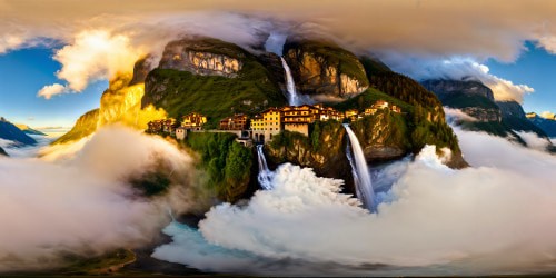 Ideal prompt: Enchanting mountain village perched above cloud-kissed peaks, vibrant rooftops emerging from ethereal mist, majestic waterfalls tumbling down sheer cliffs, radiant golden light bathing the breathtaking scene in unparalleled detail.