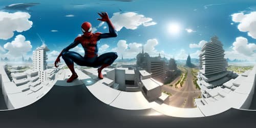 Ultra high-res VR360, black-white Spiderman suit texture detailed. Masterpiece level, prominent web pattern, sleek, reflective surfaces. Unusual, intricate detailing in VR360 view.