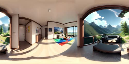 an open space lobby viewing the mountains behind tall glass walls. the room has been styled with modern furniture