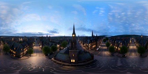 Ultra HD, VR360 panorama of Darwen town, Victorian architecture in the glow of dusk, slate rooftops glistening, historic chimneys standing tall. Romantic gaslit streets, mossy cobblestones reflecting the soft light. Mix of digital realism, an artful masterpiece.