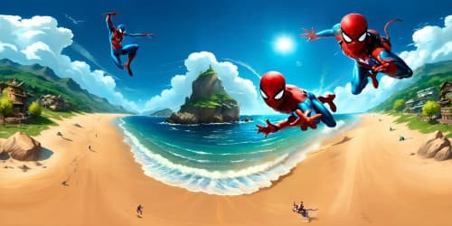 spider man and iron man running at the sea side, captian America flying int the air.