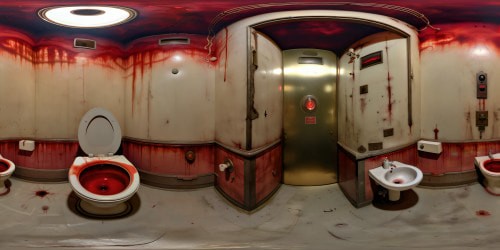 An eerie and haunting restroom in the style of Silent Hill, featuring cracked porcelain sinks, flickering fluorescent lights, murky swirling mist, peeling wallpaper, and a blood-red stained toilet, all rendered in stunning ultra-high resolution detail, a true horror masterpiece.