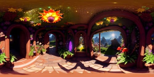 Masterpiece VR360: luminous central sun, radiant glow on multi-colored fungi, shimmering crystals, vibrant plants, hollow earth atmosphere. Ultra-high-res VR360: intricate fungal patterns, crystal facets, leaf textures. style: hyper-realistic, top-tier quality, spectrum of colors.