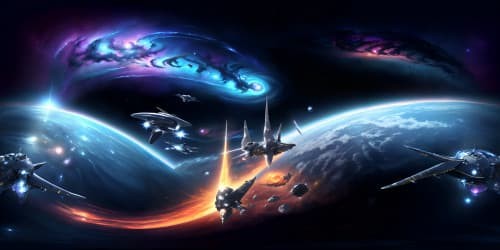 Ultra high-res VR360 view, Star Trek Enterprise floating majestically, glossy hull reflecting nebulae, masterpiece-level details, Starfleet emblem prominent, cosmic landscape, vibrant nebulae, distant star clusters. Style: Photorealistic.