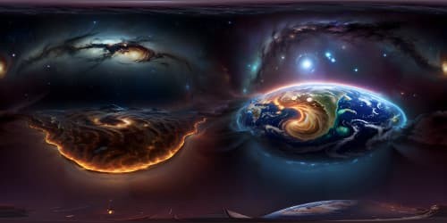 Masterpiece quality, Ultra HD resolution, Earth from cosmos, illuminated continents, detailed cloud formations, swirl of cosmic dust, radiant stars, celestial bodies, VR360 space vista, VR360 terrestrial spectacle