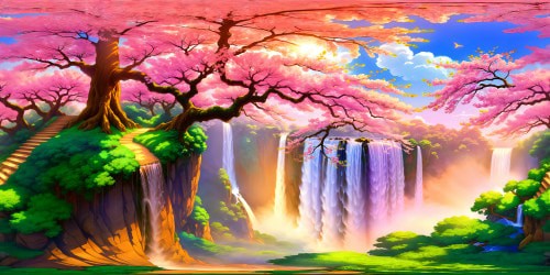 An exquisite, ultra-high-resolution masterpiece depicting an anime-inspired forest featuring towering technicolor cherry blossom trees, cascading waterfalls, iridescent fireflies, ethereal mist, and sunlight filtering through the lush canopy in magical hues.