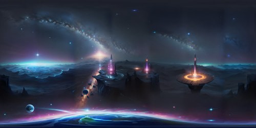 Starfield expanse, dusted Milky Way canvas, vibrant nebulae clusters, twinkling constellations. Glittering, cosmic dance, VR360 immersion in celestial masterpiece. Ultra-high resolution, prismatic starlight, omnipresent luminosity. Hyperrealistic style, engulfing VR360 starward gaze. Stellar vistas, engulfing infinity, finest quality astronomical art.