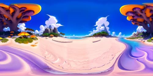 VR360 beach scene, ultra high-resolution rendering, granular detail on white sand, waves of crystal clear water. Virtual swimsuits, vibrant colors, stylish designs. In the distance, a tranquil sunset, palette of fiery oranges and cool purples. Style: photo-realistic masterpiece, VR360 precision, digital painting finesse.