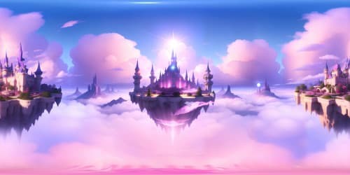 Ultra-high-res VR360, pink fantasy castle in masterpiece quality. Balcony detailing, ethereal white curtains, abundant cloudscape. Cascading ribbons in the sky. Tea-time elements, animation-inspired.