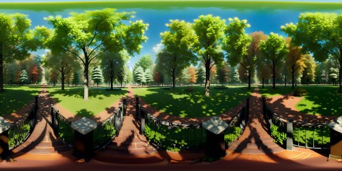 "Ultra-high res masterpiece, Central Park, New York: VR360 of towering green trees, vibrant fall foliage, dreamy haze. Faint urban skyline silhouette at horizon, crystal clear lake, romantic wrought-iron bridges. Style: photorealistic, lean towards muted yet rich colors, overcast light effect throughout VR360 view."