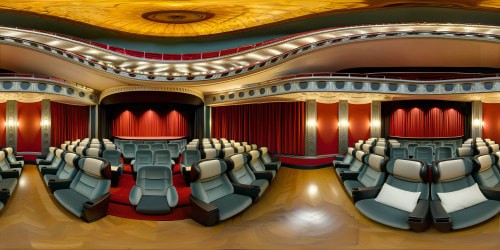 Classic movie palace ambiance, Amsterdam's Tuschinski inspiration, VR360 central seat perspective. Silver screen dominance, opulence abound, intricate detailing, plush textures. Luxurious aesthetic, ultra high-res, masterpiece rendering, VR360 richness. Classic cinema charm meets modern digital painting finesse.