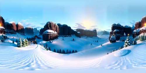 Ultra high res VR360 view, snow-laden Christmas tree, unadorned, towering majestically. Crisp winter air, flawless snowflakes, twinkling in the ambient light. Subtle Pixar-style play of light and shadow. Masterpiece scene, best quality, breathtaking VR360 panorama.