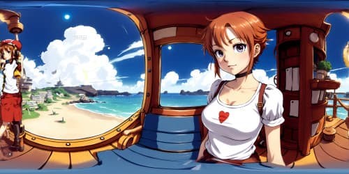 One piece character Nami in short hair and T-shirt. dark brown eyes. standing on a ship