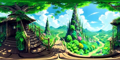 Ultra-high resolution, masterpiece VR360 tropical rainforest, dense anime-styled foliage. Jeweled florals, crawling vines in vivid hues. Exotic, radiant plumage, lively tropical elements. Quality, immersive VR360 perspective, unique anime style.