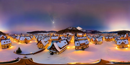 An idyllic winter village, meticulously detailed in ultra-high resolution, with glistening rooftops draped in snow, delicate icicles hanging from eaves, soft snowflakes dancing under a flawlessly moonlit sky, crafting a flawless winter wonderland masterpiece of the highest caliber.