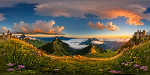 Sun-kissed field showcasing a series of impeccably detailed, ancient castles in the golden hour, surrounded by gently swaying wildflowers, pillowy clouds, and distant misty mountains, a flawless masterpiece captured in ultra-high resolution.