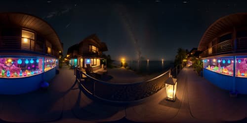 VR360 ultra-high resolution, luminous night scene, Maldives beach resort, glowing beach huts, glassy calm sea, star-studded sky, floating lanterns, breathtaking masterpiece quality, VR360 enigmatic moonlight reflection