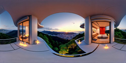 view from the balcony of an ultra futuristic Edo-modern inspired home on a densely forested hill of Japan, at dusk. other ultra futuristic luxury Edo-modern homes can be seen nestled among the hills in the foreground and in the distace, the warm light from the glowing like candles. Tranquil, uplifting atmostphere.