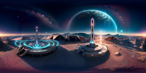 VR360 scene: ultra-futuristic landscape, 10,000-year leap, high-resolution masterpiece. Style: sweeping, neon-lit cityscapes, advanced alien architecture, hyper-realistic detail. VR360: floating in a translucent sky pod, witnessing an Earth transformed, unending ethereal skyline, crystalline structures kissing the star-speckled sky.
