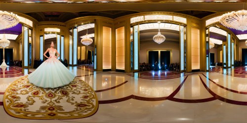 An opulent, luxury fashion runway with shimmering crystal chandeliers, spotlights illuminating the flawless haute couture gowns, polished marble floors reflecting the vibrant colors, intricate lace detailing shining under the radiance of the grand ballroom's polished floors.