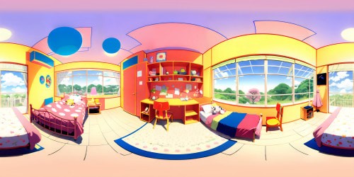 VR360 view of manga-style realm, atop a bed, surrounded by tastefully portrayed, unclothed manga-style females. High value on line work, vibrant, pastel palette, anime-themed lighting effects. Ultra high resolution, masterpiece quality VR360 immersion.