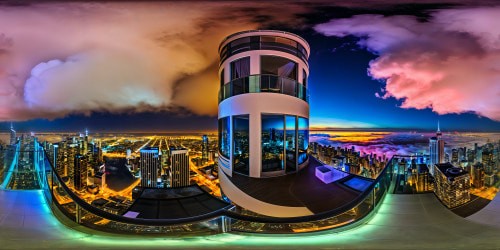 A stunning, ultra-high-resolution masterpiece capturing a sprawling cityscape at night from a panoramic balcony, aglow with dazzling neon lights that paint the urban expanse in a vibrant and electric tapestry of color.