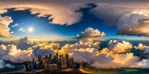 An immaculate, breathtaking panoramic vista of a boundless ocean surrounded by celestial clouds, showcasing a gleaming futuristic metropolis on the horizon through ultra high-resolution imaging, each sparkling facet rendered to perfection.