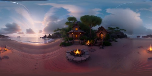 Serene beach, tranquil ocean at afternoon, gentle summer breezes. Cozy firepit, wood crackling, nearby. Surreal, magical witch altar, wonder laden. Ultra-high-res VR360 view, perfection personified. Masterpiece, immersive VR360 beach scene. Pixar-style art, vibrant colors, dynamic lighting, enchanting details.