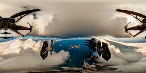 Iconic Death Star trench run scene rendered in flawless ultra high resolution, intricate details of X-wing and TIE fighter dogfight, dramatic lighting, intense battle amidst colossal mechanical structures, a perfect cinematic masterpiece.