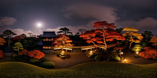 Looking out a dark, expansive, panoramic view of an Edo period Japenese garden at night, in Autumn. Cozy warm toned glowy lighting. Moon and stars in the dark midnight sky. Emaculately detailed landscaping. Deep warm toned color palette, with deep reds, magentas, browns, deep orange-yellow tones. Warm feverish Ghibli-esque aesthetic.