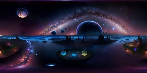 Masterpiece quality, ultra-high resolution, VR360 scene. Pristine skyline, iridescent nebulae, galaxies scattered, floating, distant horizon. Crystal-clear celestial bodies, sparkling, radiant, inky void. Luminous, enrapturing, ether-realism style. VR360 immersion, starlight painted, majestic spectacle.