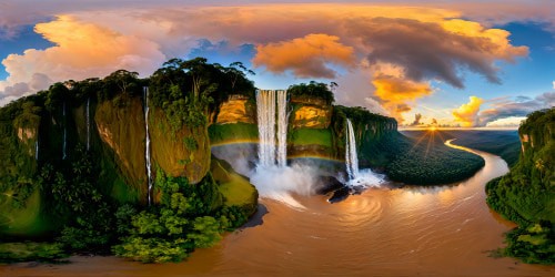 Immersed in a flawless, vivid Amazon rainforest bathed in golden hour light, lush exotic vegetation envelops cascading waterfalls and a meandering river, all under a pristine, ultra-high-resolution sky, capturing the Brazilian paradise in astonishing detail.