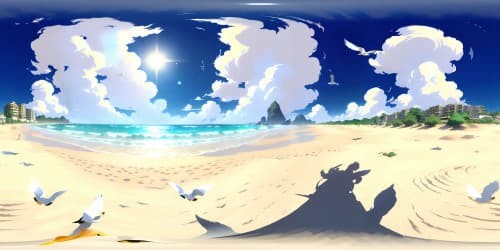 Ultra-high resolution VR360, beach scene masterpiece, grainy golden sand, reflective crystal-blue waves, soaring seagulls' silhouettes. Stylized sunshine in digital painting, impressionistic clouds, bold, vibrant, captivating colors.