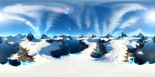 VR360 masterwork, ultra HD, Alpine snow-capped peaks, crystal clear skies, elaborate cloud drifts, sunlight bouncing off ice crystals. Style: hyperrealism, European landscape art, icy blue monochrome palette.