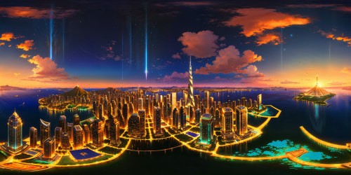 A gleaming city skyline at twilight, reflecting in a tranquil bay, skyscrapers aglow with shimmering lights and flawless architecture, captured in ultra high resolution, a digital masterpiece.