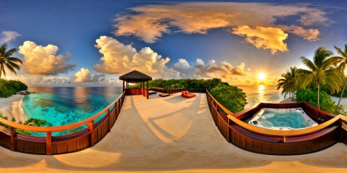 A flawless, ultra-high-resolution image of a luxurious terrace overlooking pristine Maldivian beaches, featuring an exquisite jacuzzi in front of a deluxe cabana, golden sandy shores, crystal-clear turquoise waters, coconut palm trees swaying gently in the sea breeze, a picture-perfect sunset casting golden hues on the scene.