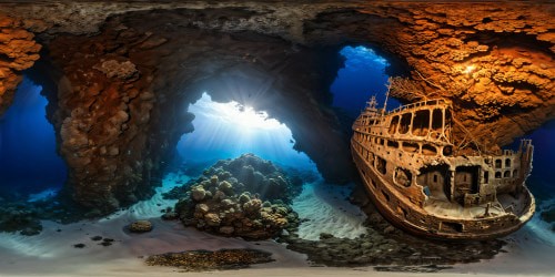 Exploring the enchanting depths of a flawless, ultra high-resolution underwater world, ancient shipwrecks surrounded by shimmering bioluminescent creatures, vibrant coral reefs bathed in ethereal light, colossal ruins hidden in the abyss, absolute perfection.