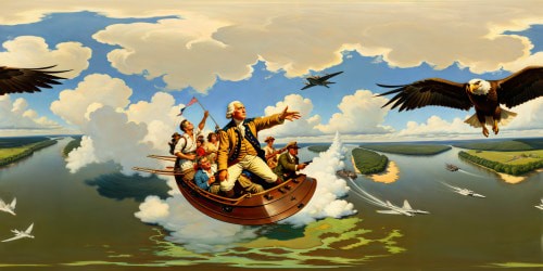 George Washington crossing the Potomac River while an eagle battles a spaceship overhead.