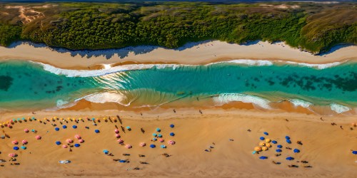 A flawless, picturesque beach illuminated by the golden sun at dusk, with shimmering golden sands meeting serene turquoise waters, vibrant beach umbrellas creating whimsical shadows, scattered vivid towels, and sun-kissed skin glowing in the perfect light, captured in ultra-high resolution for a true masterpiece.