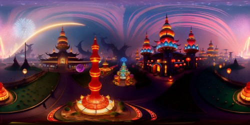 Ultra high-definition VR360 view, Harbin's Center Street in Chinese New Year. Vibrant red lanterns, golden fireworks mid-burst. Neon dragon motifs, intricate ice sculptures. VR360 winter wonderland, rich Eastern architecture, Pixar-style. Expressionist color palette, focused detailing.