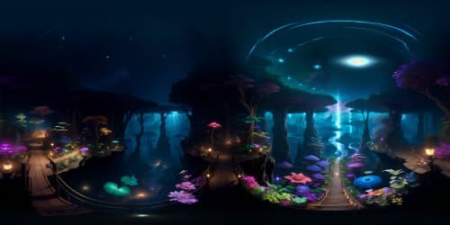 Ultra-high-resolution VR360 Pandora from Avatar, bioluminescent flora glowing, floating mountains against night sky. Masterpiece art style, vivid color palette enhancing surreal VR360 view. Ethereal, harmonious ecosystem, fantasy elements, bioluminescent detailing on flora, blending reality and imagination.