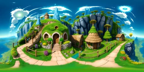 VR360, ultra high-resolution Shire, lush green grasses, quaint hobbit holes. Fantasy style, vibrant palette, magical Gandalf fireworks illuminating the VR360 sky scene. Masterpiece quality.