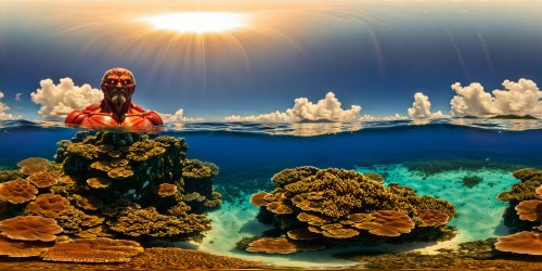 A colossal Titan statue submerged in the depths of the ocean, covered in vibrant coral reefs, bioluminescent marine life, shimmering rays of sunlight piercing the crystal-clear water, awe-inspiring beauty captured in ultra-high-resolution detail.