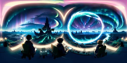 VR360 masterpiece, ultra-high-resolution, Sword Art Online essence, immense fantasy panorama, boundless skies adorned with digital pattern spectacles, luminescent islands levitating, towering crystalline structures of colossal scale, mesmerizing auroras, ethereal VR360 spectacle.