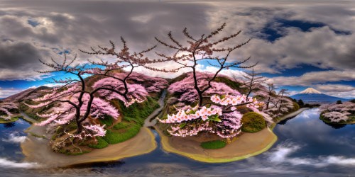 A breathtaking, high-resolution 3D render of the unparalleled Japanese countryside: vast rolling hills, blooming cherry blossoms, a peaceful koi pond mirroring the vibrant scenery, and Mount Fuji standing regally beneath a clear azure sky, every detail meticulously rendered in flawless perfection.