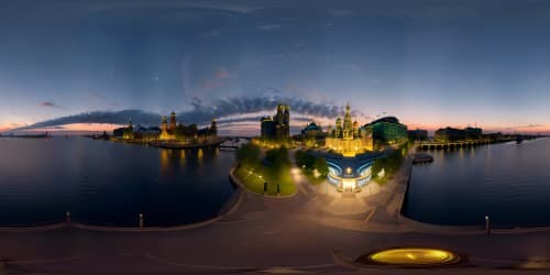 Ultra high-res VR360, St. Petersburg Russia skyline, nocturnal view. Masterpiece quality, golden city lights reflecting on Neva River canvas. Majestic skyline silhouettes, star-studded sky backdrop, VR360 immersion.