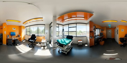 A hospital operating room with a patient on a gurney and many doctors and nurses standing around them